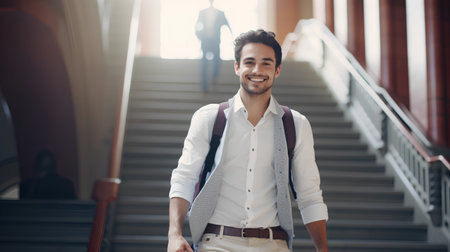 Portrait of a young man with a backpack standing on the stairsの素材