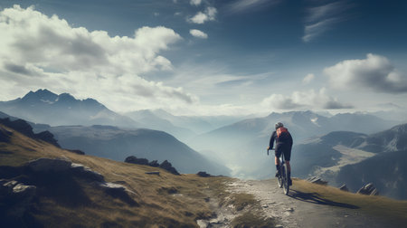 Cyclist on top of a mountain. Sport and active life conceptの素材