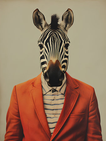 Portrait of a funny zebra in a red jacket and tie.の素材