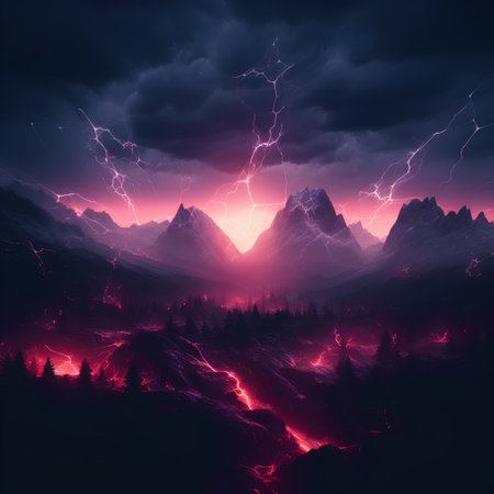 Fantasy landscape with mountains, forest and lightning in the night skyの素材