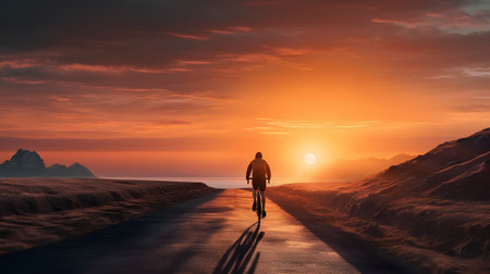 Cyclist on the road at sunset. 3D rendering.の素材