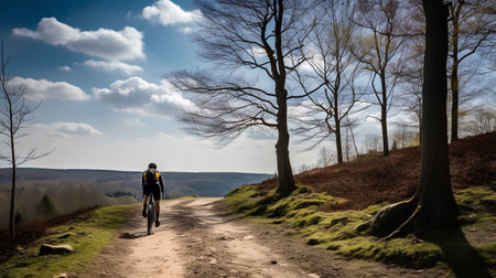 Cyclist on the trail in the spring forest. Beautiful landscape.の素材