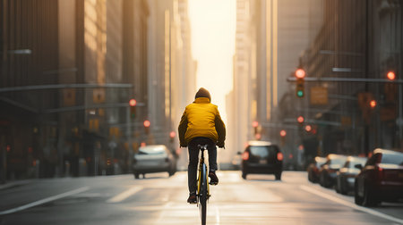 Rear view of a man riding a bicycle in the city at sunsetの素材