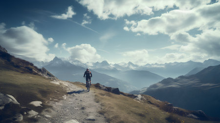 Man on the top of the mountain and looking at the beautiful landscapeの素材