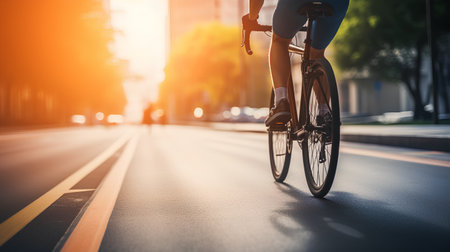 Cyclist riding on the road in the city at sunset.の素材