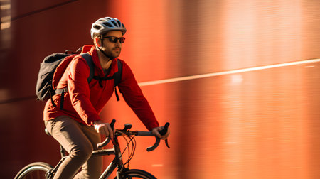 Cyclist with backpack riding on bicycle in city. Sport and healthy lifestyle.の素材
