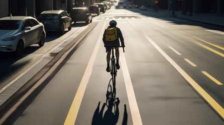 Cyclist on the road in the city at sunset time.の素材