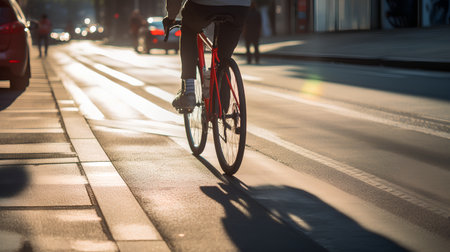 Cyclist riding a bicycle on a city street at sunset.の素材