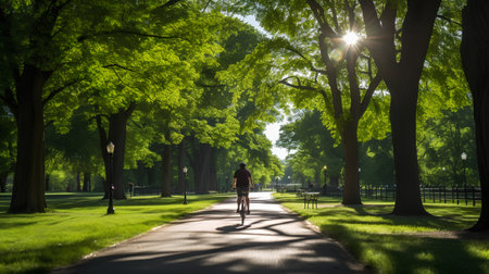 Young man jogging in the park on a sunny summer day.の素材