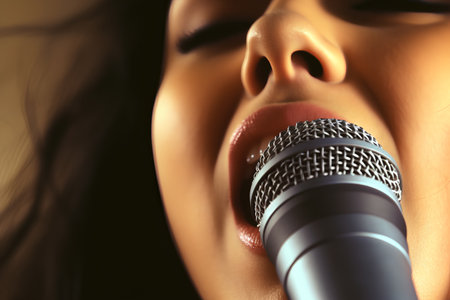 Close up of a beautiful young woman singing into a microphone. Shallow DOF.の素材