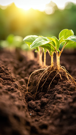 Green seedling growing in soil, new life and agriculture concept.の素材