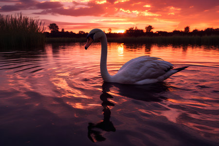 Beautiful white swan swimming on the lake at sunset. Landscape.の素材