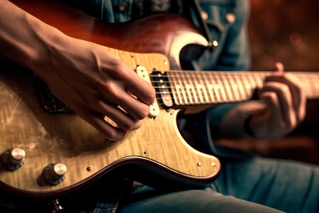 Young man playing on electric guitar. Close-up. Selective focus.の素材
