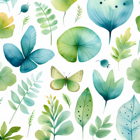 Seamless pattern with watercolor leaves and butterfly. Hand-drawn illustration.の素材