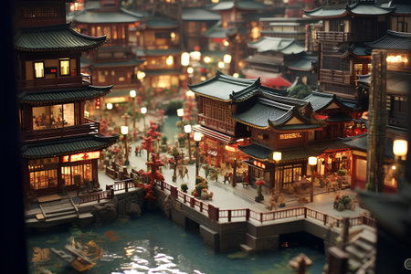 Miniature of a Chinese town in the night. 3D renderingの素材