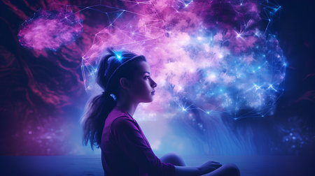 Cute girl sitting in the lotus position against the backdrop of a beautiful magical planet.の素材