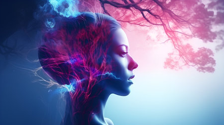 3d illustration of a beautiful woman with a glowing face and hairの素材