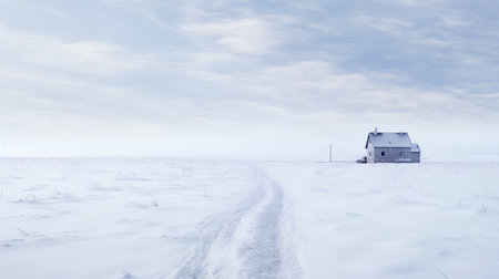 Abandoned house in the winter field covered with snow and ice.の素材