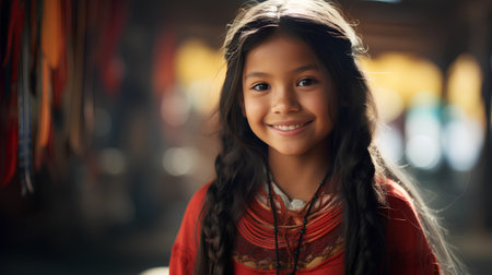 Little asian girl with long braids in chinese costume.の素材
