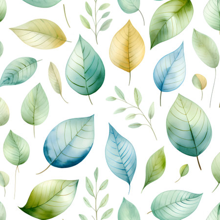 Seamless pattern with green and blue leaves. Watercolor illustration.の素材