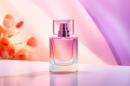 Perfume bottle on a pink background. 3d rendering.の素材