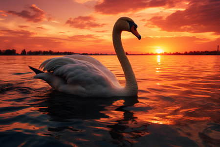 swan on the lake at sunset, 3d render, illustrationの素材