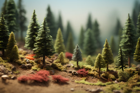 Fantasy landscape with fir trees on the ground. 3d illustrationの素材