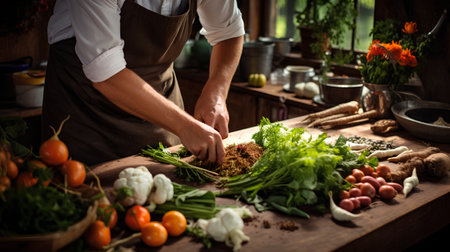 Male chef in apron preparing vegetable salad on wooden table in kitchenの素材