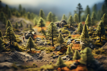 Fantasy landscape with pine trees in the mountains. 3d illustrationの素材