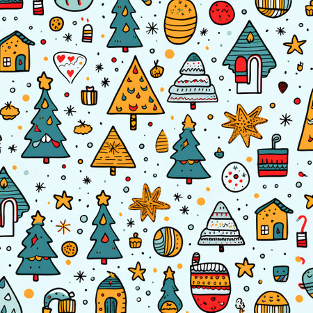 Seamless pattern with Christmas elements. Vector illustration in doodle style.の素材