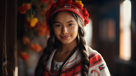 Portrait of a beautiful asian girl in traditional costume smiling.の素材