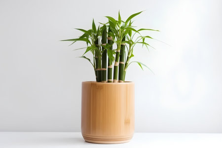 Bamboo in a wooden vase on a white background with copy spaceの素材
