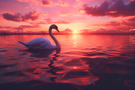 Beautiful swan in the lake at sunset. 3d renderingの素材