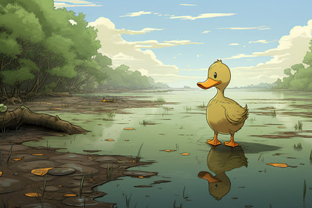 Duck on the shore of the lake. Cartoon vector illustration.の素材