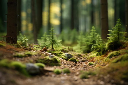 Mossy forest floor with pine trees in the background, shallow depth of fieldの素材