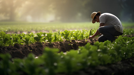 Farmer working in the vegetable garden at sunset, selective focus.の素材