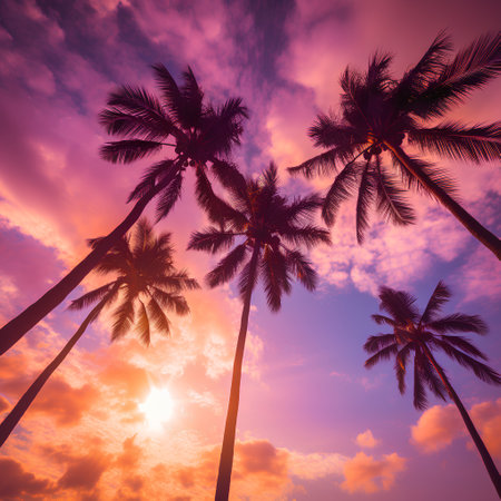 Silhouette of palm trees against sunset sky. Tropical background.の素材