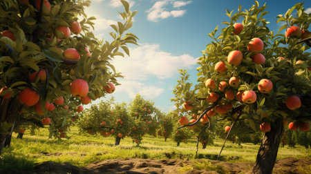 Mango tree with ripe mango fruits in orchard, vintage styleの素材