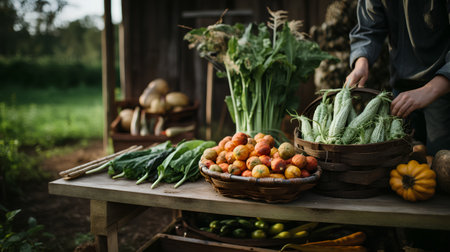 Organic vegetables in a basket on a wooden table in the gardenの素材