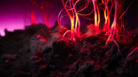 Macro shot of green seedling growing in fertile soil at nightの素材