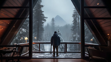 Man standing on balcony and looking at foggy mountains in the backgroundの素材