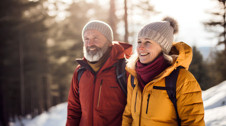 Happy senior couple hiking in winter forest. They are laughing and looking at camera.の素材
