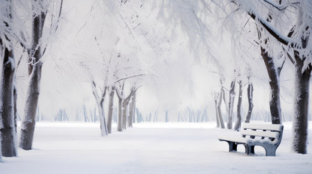 Winter landscape with snow covered trees and bench in a snowy park.の素材