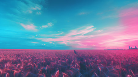 Sunset over wheat field. Nature composition. 3d render.の素材