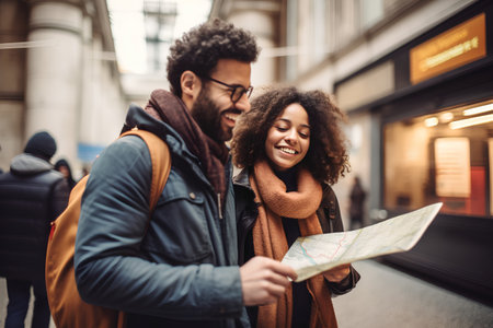 Couple of tourists with a map in the city. Traveling together.の素材