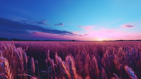 Beautiful sunset over a field with ears of wheat. Vintage styleの素材