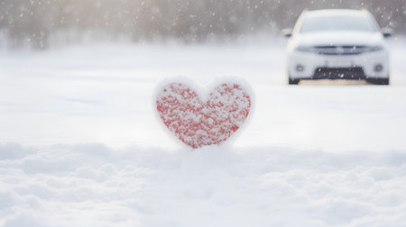 Red heart in snow with car on background. Valentine's day concept.の素材