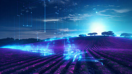 Lavender field at sunset with blue sky. 3d renderingの素材