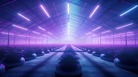 Futuristic purple futuristic interior with neon lights, 3d renderingの素材