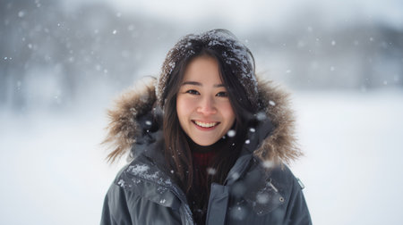 Winter portrait of a beautiful asian woman in the winter forest.の素材